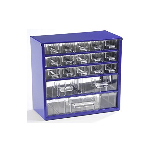 Certeo Schubladenmagazin aus Stahl | HxBxT - 282 x 306 x 155 mm | 18 transparente Schubladen - 3 Größen| Gehäuse lichtgrau| Kleinteilemagazin Klarsichtmagazin