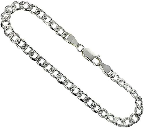 Sterling Silver Italian Pave` Curb Cuban Link Chain Bracelet 5.5mm Diamond Cut Beveled Edges Nickel Free, 23 CM Long