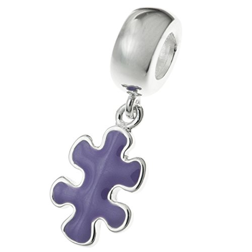 Puzzle de plata de ley 925 con diseño de puzle de conciencia de autismo, color morado esmaltado, para pulseras de abalorios europeas