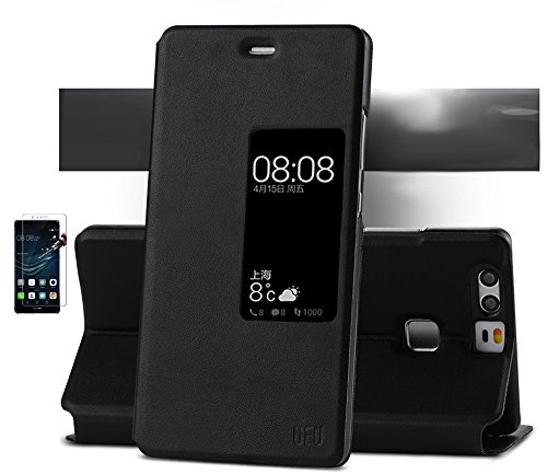 Preisvergleich Produktbild huawei P9 Hülle ,Leder PU Leder Hülle Flip Hülle Case Bookstyle Cover Schale Stand Ständer Etui Karten Slot Schutzhülle Tasche Wallet Case Leder Wallet Tasche Brieftasche Schutzhülle Schmetterling Muster Pour huawei P9 5.2 Zoll [schwarz Öffnen Sie das Fenster auf der rechten Seite]+ Panzerglas Folie Diamant ] Mit Panzerglas Folie