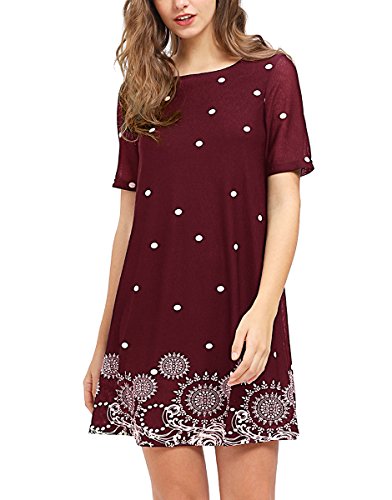 ROMWE Femme Midi Robe Manches Courtes Col Rond Robe d'été Robe à Pois Casual Bordeaux S