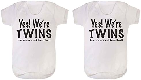 Yes We're Twins no we are not identical babygrow vest onesie 2 pack set (0-3 months, White)