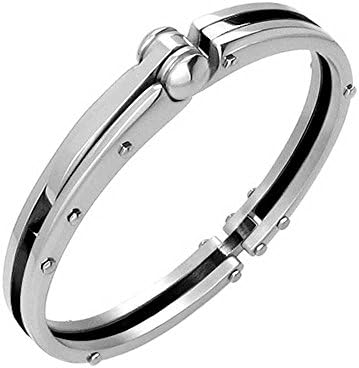 Emma Gioielli - Men Bangle Bracelet Handcuff Stainless Steel - Gift Box (Stainless Steel and Black Resin)