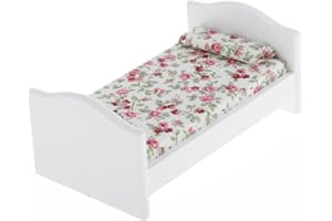 Colcolo 1/12 Scale Single White Wooden Bed Dollhouse Bedroom Furniture Accessories, Miniature Bedding Set, Doll Party Supplies