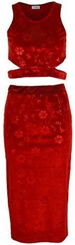Ladies Floral Velvet Women's Cut Out Side Crop Top Pencil Stretch Skirt Suit Set [Red, UK 12]