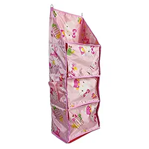 NHR Printed Hanging Wardrobe, Three Cabinet with 2 Side Pocket Almirah and Multipurpose Wardrobe for Cloth & Toys Storage for Kids (Pink)
