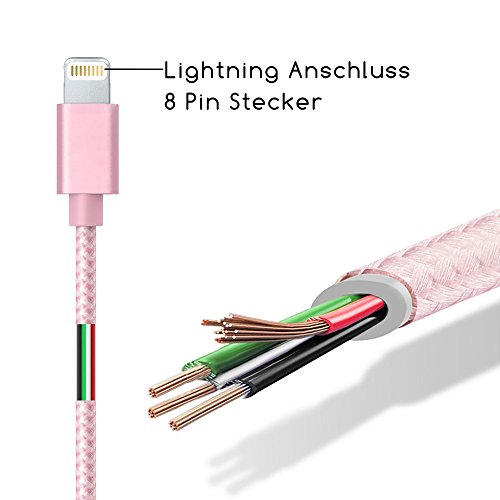 TheSmartGuard – Lightning Kabel / Datenkabel / Ladekabel [2.1 A] für Apple iPhone 7, 7 Plus, 6, 6s, 6 Plus, 6s Plus, SE, 5s, 5, 5C sowie alle iPad mit Lightning Anschluss | Nylon Ummantelt | Farbe: Rose | Länge: 3 Meter / 3m - 2