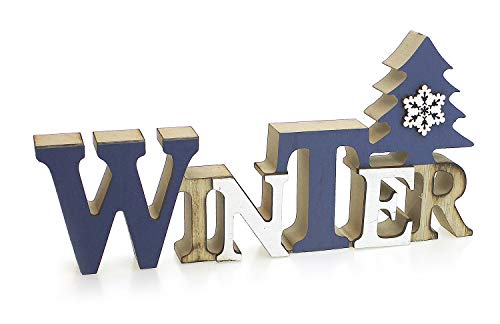 TEMPELWELT Deko Holzaufsteller Schriftzug Winter 23 x 11 cm Groß, Holz Blau Weiß Braun, Landhausstil Aufsteller Dekoschild Holzschild Winterdeko