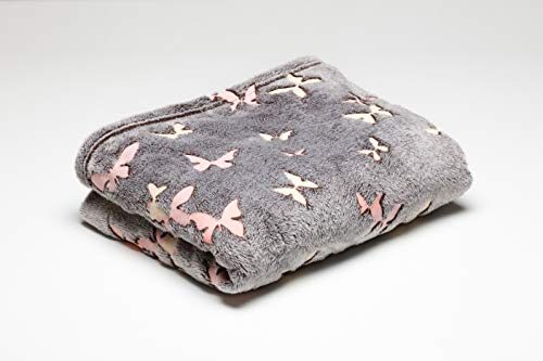 Kanguru Fleece Blanket Glow in The Dark Butterflies, POLYESTER, Grey, 130 x 150 cm