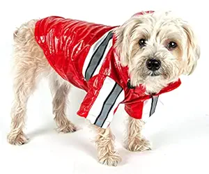 PET LIFE 'Reflecta-Glow' PVC Waterproof Fashion Insulated Adjustable and Reflective Pet Dog Coat Jacket Raincoat w/Removable Hood, X-Small, Red