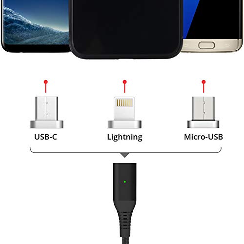 Liamoo   3en1 C  ble Magn  tique USB Chargeur en noir avec 3 adaptateurs     Lightning     USB Type C     Micro USB     Multiple- C  ble de Charge Rapide avec LED     Nylon brais  