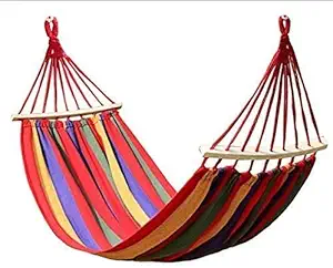 DARSHAN EXIM Portable Swing Hammock Leisure Hanging Canvas Wooden Red Stripes for Outdoor Garden Patio Camping Beach Travel Sleeping Bed[Multi Color]