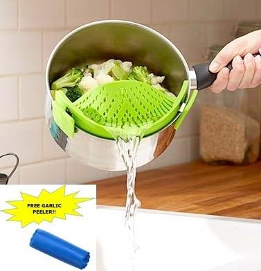 SNAP n STRAIN Pan Strainer, BONUS FREE Garlic Peeler! Clip-on Silicone Strainer, Pasta Strainer for Draining Excess Liquid, No More Large Clunky Colanders, Universal Size Fits Most Pans (1, Green) by Jiko Mambo