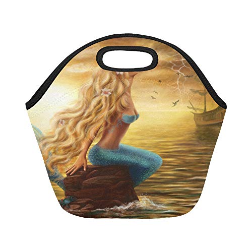 Insulated Neoprene Lunch Bag Princess Sea Mermaid with Ghost Ship at Sunset Pattern Large Size Reusable Thermal Thick Lunch Tote Bags for Lunch Boxes for Outdoors,Work, Office, School