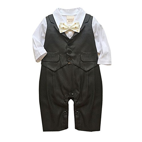 ZOEREA Newborn Infant Toddler Boy Babys Long-sleeved Cotton Gentleman Cute Black Vest Tuxedo Romper Jumpsuit Clothing With Yellow Polka Dot Bowknot (Size 95)