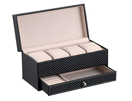 iSuperb® Leder Uhrenbox Schmuckkasten 4 Uhren Uhrenkoffer Für Damen Herren Weihnachten Geschenk 22.3x11x10.7cm (Schwarz)