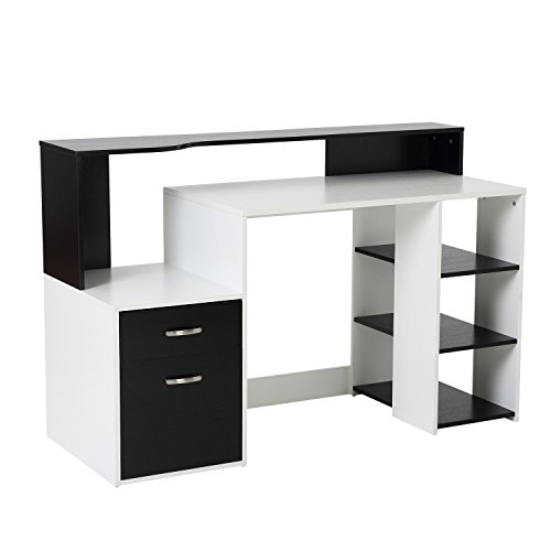 HOMCOM Wooden Computer Desk PC Table Modern Home Office Writing Workstation Furniture Printer Shelf Rack w/ Storage Drawer & Shelves (Black and white)