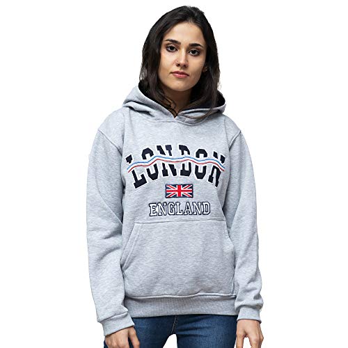 Official London Hoodies Sudaderas con Capucha para Mujer, diseño de la Bandera de Inglaterra Gris - Línea L