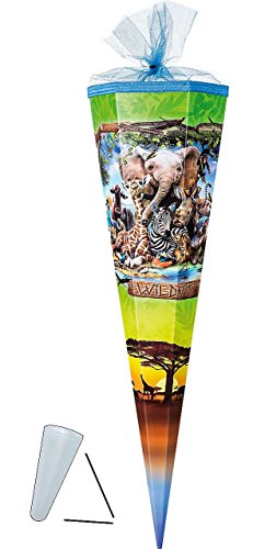 Preisvergleich Produktbild Unbekannt Schultüte - Wildnis Tiere - Zootiere - 50 cm - mit Tüllabschluß - Zuckertüte - mit / ohne Kunststoff Spitze - für Jungen & Mädchen - Tier Giraffe Zoo Elefant ..
