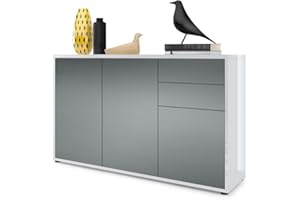 Vladon Sideboard Ben V3, Kommode mit 3 Türen und 2 Schubladen, Weiß Hochglanz/Graphit Seidenmatt (117 x 74 x 36 cm)