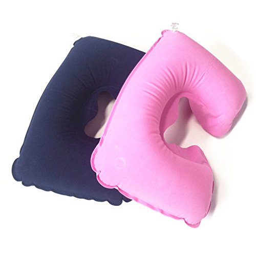 Preisvergleich Produktbild PEIUJIN 2PCS Nackenkissen / Pillow aufblasbar aus superweichem Beflockung Kissen mit hygienischer Pumpen-Technologie, Reisekissen, Nackenkissen für Reise unterwegs in Bahn, Flugzeug, Zug (Rosa+Blau)