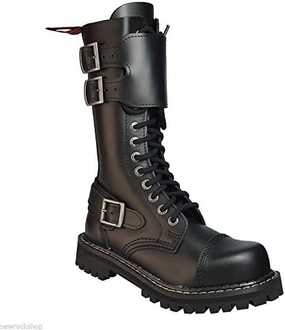 Angry Itch 14 Hole Gothic Punk Black Buckle Front Shield Leather Ranger Boots Steel Toe (UK Ladies 3 EU 36)