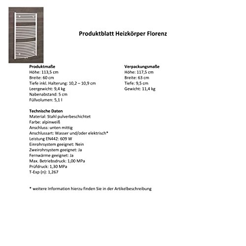 Badheizkörper Mittelanschluss Florenz 113×60 cm Design-Heizkörper Bad gebogen weiß vom Renovierungsprofi, 1 Stück, 4056397001904 - 5