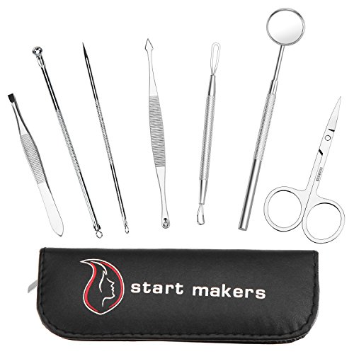 Blackhead Remover - Start Makers 7pcs Stainless Steel Pimple Extractor with Zippered Leather Case - Professional Facial Treatment Tools for Blackhead Acne Pimple Whitehead Comedone Blemish
