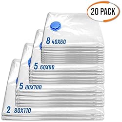 20 Premium Sacs de Rangement sous Vide| Space Saver Réutilisables, Sacs de Compression Voyage, Vacuum Storage Bags| Extra Fort, Imperméable, 100% Protection & 80% Plus d'Espace! 4 Tailles (S M L XL).