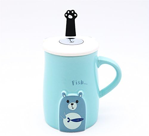BITEYI Lovely Bear Ceramic Mug Cup Gifts,Cute Embossed Coffee Tea Milk Cups with Handle Lids and Spoon,Suitable Present for Friends and Family,460ml (Blue)
