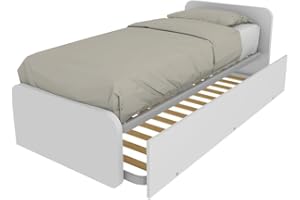 MOBILFINO CAMERETTE Letto Singolo con Letto Estraibile, trasformabile in Matrimoniale. Testate Personalizzabili, reti in Acciaio e doghe in faggio - Testata a Destra, Bianco