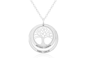 Collar Árbol de la Vida en Plata de Ley 925 personalizable. Cadena de 45cm. Regalo ideal madre abuela con nombres familia. Cumpleaños, Navidad. Hecho en España. (Collar Árbol de la Vida + 1 Aro)