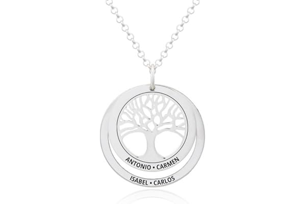 Collar Árbol de la Vida en Plata de Ley 925 personalizable. Cadena de 45cm. Regalo ideal madre abuela con nombres familia. Cumpleaños, Navidad. Hecho en España. (Collar Árbol de la Vida + 1 Aro)