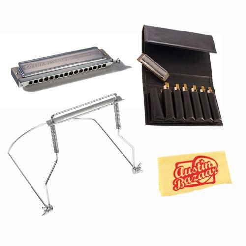 Hohner 64 Chromonica Harmonica Bundle with Seven-Harmonica Folding Carrying Case, Harmonica Holder, and Polishing Cloth - Key of C