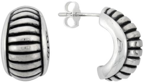 Sterling Silver Half Hoop Bali Style Post Earrings, w/ Horizontal Line Pattern, 5/8" (16mm) tall