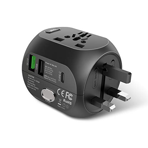 UPPEL Adaptador de Viaje Universal, Cargador Rápido con Dos Puertos USB para la UE, US, AUS, UK etc. Adaptador de Certificado de Seguridad Oficial (Negro).