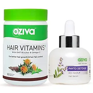 OZiva Hair Vitamins, 60 Capsules with DHT & Omega-3 + Phyto Defense Anti-Dandruff Hair Serum, 50ml with Rosemary for Hairfall Control & Dandruff Removal