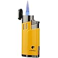 GUEVARA Cigar Lighters Torch with Punch 4 Jet Butane Refillbale Lighter Metal Torches Windproof (Yellow)