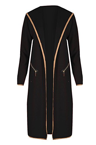 Ladies Open Front Hood Zip Pocket Cape Cardigan Womens Elbow Patch Duster Coat