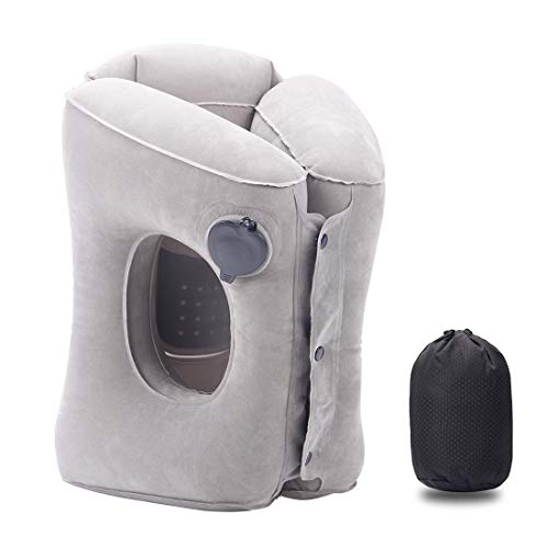Preisvergleich Produktbild Suweor upo Aufblasbare Reisekissen - Tragbare Kissen Nackenhörnchen, Beflockung PVC Nackenkissen Kopfkissen mit Tragetasche, für Kopf Hals Rest Flugzeug / Büro / Zug / Camping (Grau)