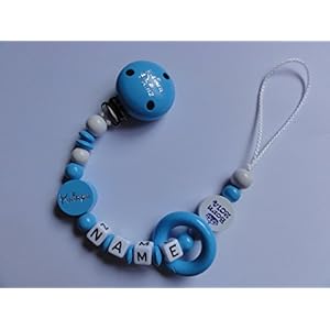 Schnullerkette mit Namen in Blau – Weiß