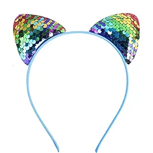 JAGMOOLYA Products Hair Sequin Cute Shiny Kitty Cat Ears Hairband Hairband Headband for Girls and Woman Multicolor (Pack of 1) (Multicolor)