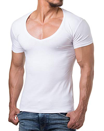 Re Rock - 12 Colores Camisetas Hombre Manga Corta con Cuello En V Ajustada - Deep V-Nech Slim Fit T-Shirt - Blanco en S