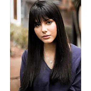 Forqueens Long Bob Wig With Bangs Black Yaki Straight Fiber Synthetic Heat Resistant Natural Hair For Women(1B)