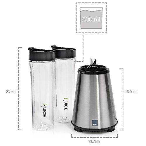 Sänger Smoothie Maker 300 Watt Leistung 6 tlg. | 3 Minuten Dauerlaufzeit | Standmixer mit 21.000 U/min | 2x 100% BPA-freie 600 ml Tritan-Trinkflaschen | Scharfe 4-Fach Edelstahlmessereinheit - 3