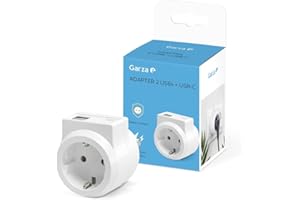 Garza - Adaptador enchufe con 1 Toma Schuko + 2 Puertos USB + 1 Puerto USB C, Protección infantil, Blanco