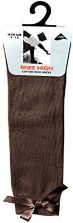 Bow Knee High 3 pairs School Girls &amp; Kids Plain Long Length Cotton Stretch With all size &amp; colour (Set of 3 pairs) (UK 6-8.5 (EU 23-26.5), Brown)