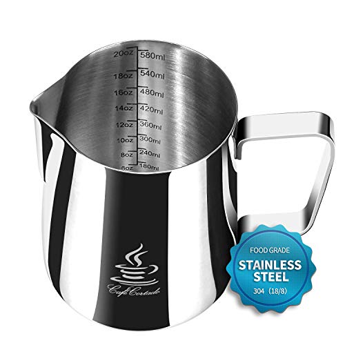 FlamGen Pichet à Lait en Acier Inoxydable 304, Pot à Lait 600ml/20oz Pichet Mousseur Lait avec Repère de Mesure | Crayon à Lait Artistique | 16 Pièces Pochoirs à Café Cappuccino et Latte