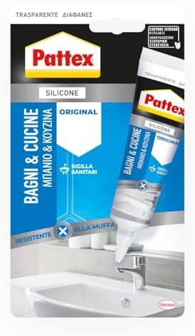 Pattex Bagni&Cucine Original Silicone Trasparente Sigillante, Silicone Cucina e bagno multimateriale e impermeabile, Sigillante Doccia per sanitari, 1 Tubo da 50 ml