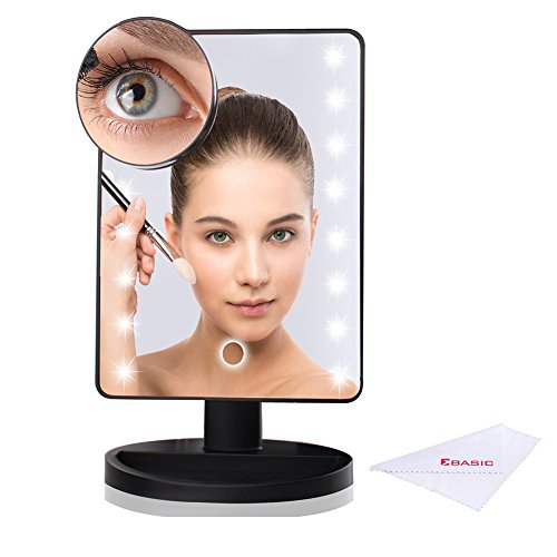 eBasic LED Beleuchtung Make-up-Spiegel mit ein kleine 10 x fach Kosmetikspiegel, 180º Drehbar mit Touch-Schalter Ultra-High Definition Standspiegel Schminkspiegel Tischspiegel Batteriebetrieben (Schwarz)